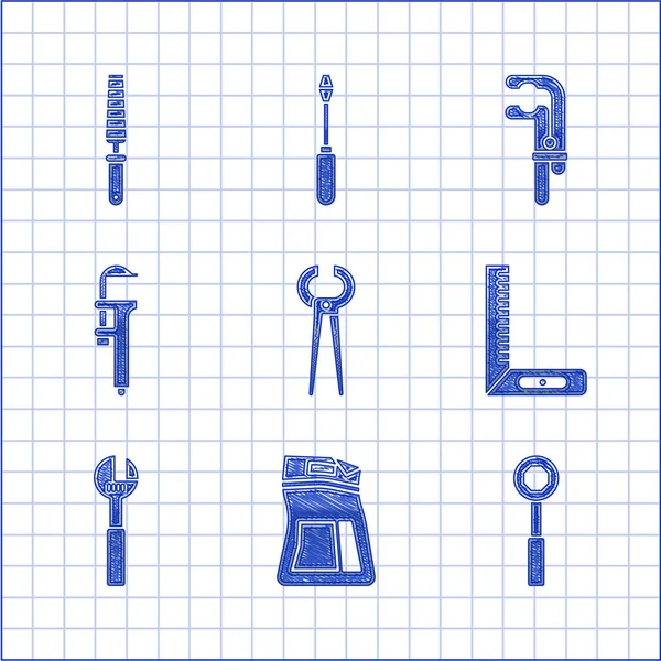 Set Pinzas y alicates, Bolsa de cemento, llave inglesa, regla de esquina, llave ajustable, báscula de pinza Calliper, herramienta de abrazadera y bisel para icono de madera. Vector — Vector de stock