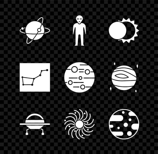 Set Satélites orbitando o planeta Terra, Alien, Eclipse of sun, UFO voando nave espacial, buraco negro, Planeta Marte, Great Bear constelação e ícone. Vetor —  Vetores de Stock