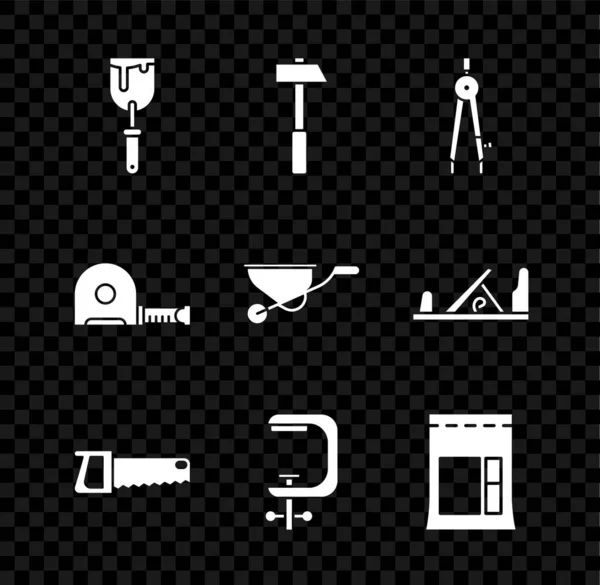 Set Putty knife, Hammer, Drawing compass, Hand saw, Clamp screw tool, Cement bag, Roulette construction and Wheelbarrow icon. Vektor — Stockový vektor