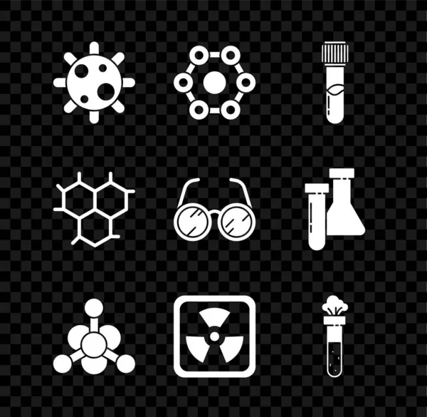 Set Bactéries, formule chimique, tube à essai et flacon chimique, Radioactive, et icône de lunettes de laboratoire. Vecteur — Image vectorielle