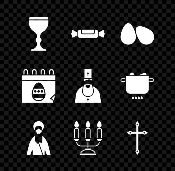 Set Weinglas, Süßigkeiten, Ostereier, Jesus Christus, Kerzenleuchter mit Leuchter, Christenkreuz, Kalender und Priestersymbol. Vektor — Stockvektor