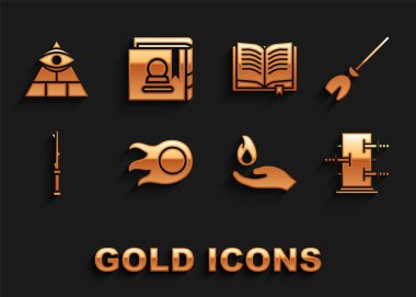 Ateş Topu, cadı süpürgesi, sihir numaraları için bagaj, el tutuşması, sihirli değnek, Eskiler 'in kitabı, masonlar ve ikonu. Vektör