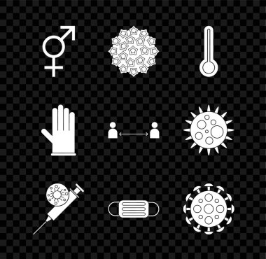 Cinsiyet, virüs, medikal termometre, şırınga ve virüs, koruyucu maske, lastik eldiven ve güvenli mesafe ikonu ayarla. Vektör