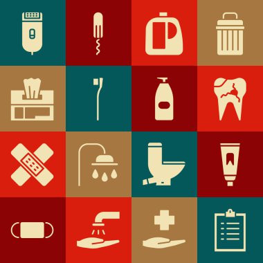 Panoyu kontrol listesi ile ayarla, diş macunu tüpü, kırık, diş fırçası şişesi, diş fırçası, ıslak mendil paketi, elektrikli saç tıraş makinesi ve sıvı antibakteriyel sabun ikonu. Vektör