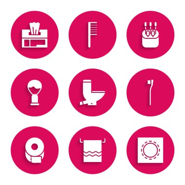 Klozeti hazırla, havluyu askıya as, prezervatifi pakete koy güvenli seks, diş fırçası, kağıt rulo, tıraş kağıdı, kulak için pamuk bezi ve ıslak mendil ikonu. Vektör