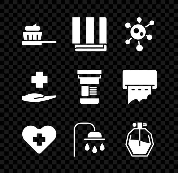 Set Zahnbürste mit Zahnpasta, Handtuchstapel, Virus, Herz Kreuz, Duschkopf, Parfüm, Kreuz Krankenhaus medizinische und medizinische Flasche Symbol. Vektor — Stockvektor