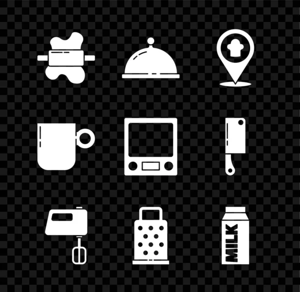 Set Rolling pin en la masa, cubierto con bandeja de comida, ubicación del sombrero del chef, mezclador eléctrico, rallador, paquete de papel para la leche, taza de café y el icono de balanzas electrónicas. Vector — Archivo Imágenes Vectoriales