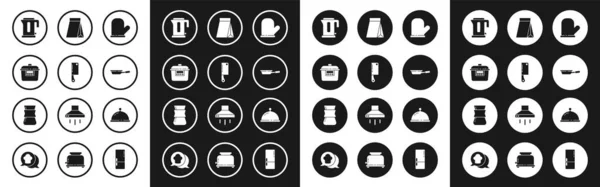 Set Oven glove, Meat chopper, Slow cooker, Electric kettle, Frying pan, Bag of coffee beans, Covered with tray food and Coffee turk icon. Vector — Stock Vector