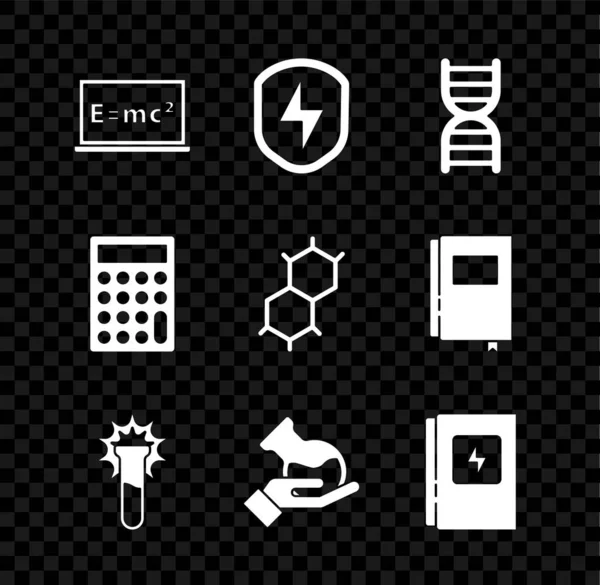 Zestaw Równanie rozwiązanie, Bezpieczna tarcza z piorunem, symbol DNA, probówka i kolba, Panel elektryczny, Kalkulator i wzór chemiczny ikona. Wektor — Wektor stockowy