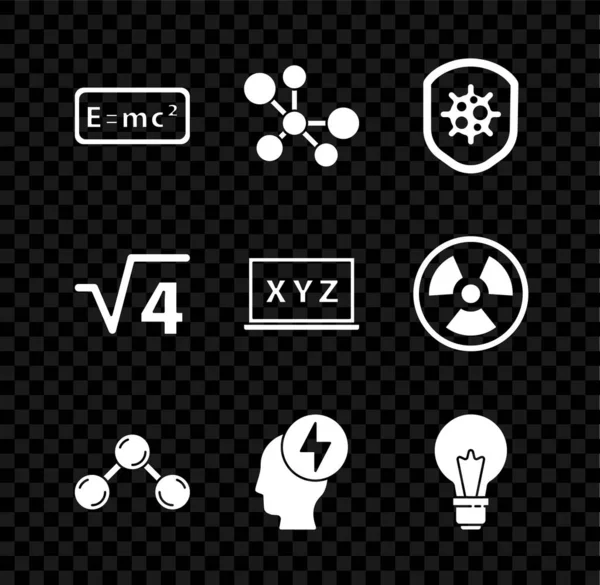 Rozwiązanie równania, Molekuła, Tarcza chroniąca przed wirusem, Głowa i symbol elektryczny, Żarówka z koncepcją idei, pierwiastek kwadratowy 4 glif i ikona układu współrzędnych XYZ. Wektor — Wektor stockowy