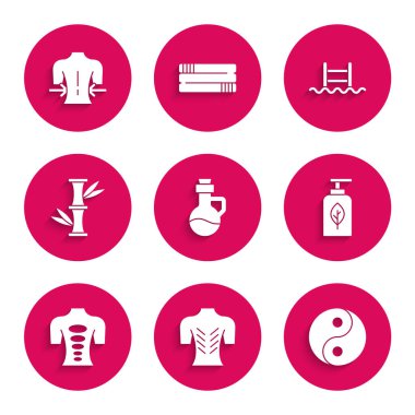 Temel yağ şişesi, masaj, Yin Yang, taş terapisi, bambu, merdiven ve ikonla yüzme havuzu. Vektör