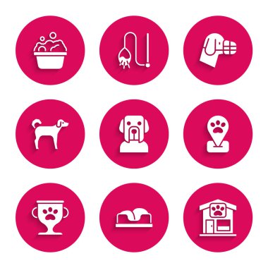 Set Köpeği, evcil hayvan yatağı, tımar, konum hayvanı, ödül, ağızlık ve evcil hayvan banyo ikonu. Vektör