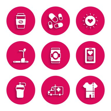 Soda kutusu, ambulans ve acil durum arabası, spor eşofman takımı, tıbbi dosya, spor aleti, koşu bandı makinesi, güneş ve kahve fincanı. Vektör