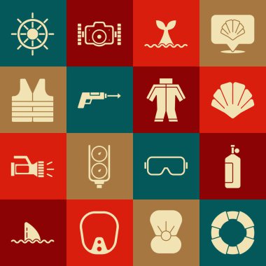 Lifebuoy, Aqualung, deniz kabuğu, okyanus dalgasında balina kuyruğu, balıkçı zıpkını, ceket, gemi direksiyonu ve dalgıç giysisi ikonu. Vektör