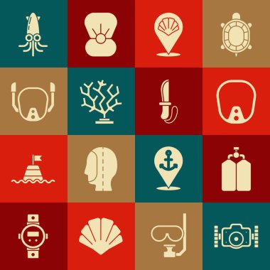 Fotoğraf makinesi, Aqualung, dalış maskesi, deniz kabuğu, Mercan, Ahtapot ve Bıçak simgesini ayarla. Vektör