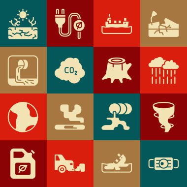 Tıbbi koruyucu maske, Tornado, Yağmurlu Bulut, Petrol tankeri gemisi, CO2 emisyon bulutu, Atık Su, Kuraklık ve Ağaç gövdesi ikonu. Vektör