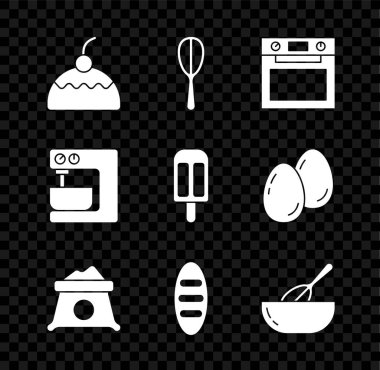 Pasta, mutfak çırpıcısı, fırın, un torbası, ekmek somunu ve kase, elektrikli karıştırıcı ve dondurma ikonu. Vektör