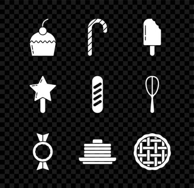 Pasta, Noel şekeri, dondurma, krep yığını, ev yapımı turta, lolipop ve Fransız ekmeği ikonu. Vektör