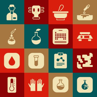 Çatlak matara, gaz, elektronik pullar, havan topu ve tokmak, bitki yetiştirme, test tüpü, laboratuvar asistanı ve periyodik tablo simgesi. Vektör