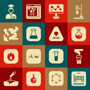 Periyodik tablo, test tüpü ve matara, kimyasal formül, gaz, laboratuvar asistanı ve toksik uyarı ikonu. Vektör