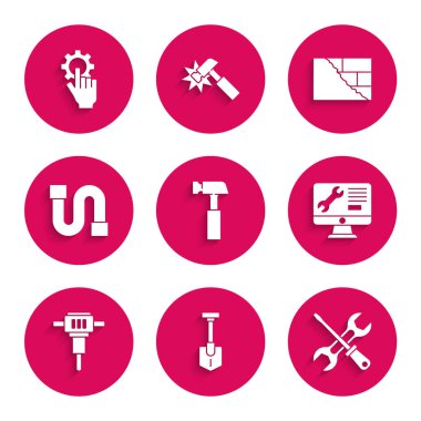 Çekiç, Kürek, Tornavida ve Anahtarı, Bilgisayar Monitör Servisi, İnşaat matkabı, Endüstri Borusu, Tuğla ve Ayarları el simgesine yerleştir. Vektör