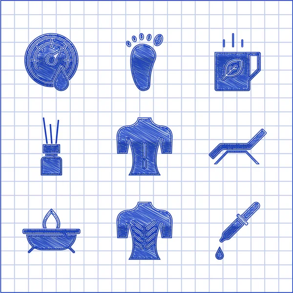 Set Massage, Pipette, Sunbed and umbrella, Aroma candle, diffuser, Cup of tea leaf and Sauna thermometer icon. Vector — Stock Vector