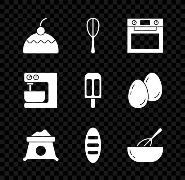 Set Kuchen, Schneebesen, Backofen, Mehlbeutel, Brotlaib und Schüssel, Elektromixer und Eis-Symbol. Vektor — Stockvektor