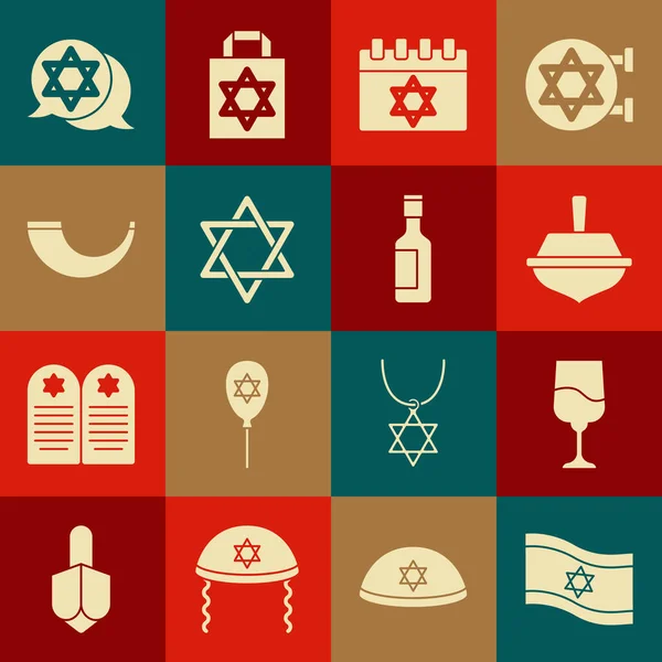 Set Drapeau d'Israël, gobelet juif, Hanoukka dreidel, calendrier, Star David, corne de bélier traditionnelle, shofar, et icône de bouteille de vin. Vecteur — Image vectorielle