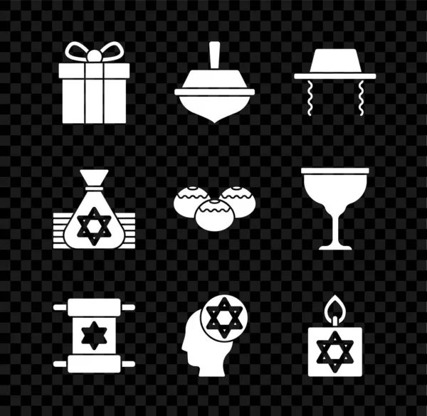 Set Geschenkbox, Chanukka dreidel, orthodoxer Judenhut, Torarolle, brennende Kerze, jüdischer Geldsack und süße Bäckereisymbole. Vektor — Stockvektor