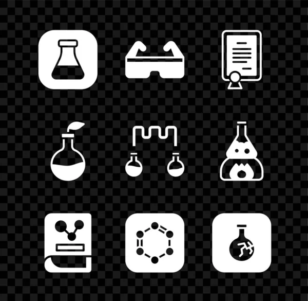 Definir tubo de teste e frasco, óculos de óculos de segurança, modelo de certificado, livro de química, Fórmula de anéis de benzeno, rachado, melhoramento vegetal e ícone. Vetor — Vetor de Stock