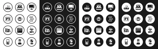 Set Pantalla de monitor de ordenador, Mochila escolar, Sello postal, Gamepad, Libro, Chaleco, Robot e icono. Vector — Archivo Imágenes Vectoriales