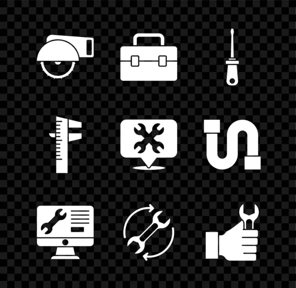 Set Elektrische Kreissäge, Werkzeugkiste, Schraubendreher, Computer-Monitor-Service, Schraubenschlüssel und Pfeile als Workflow, Schraubenschlüssel, Bremssattelwaage und Position mit Schraubenschlüssel-Symbol. Vektor — Stockvektor