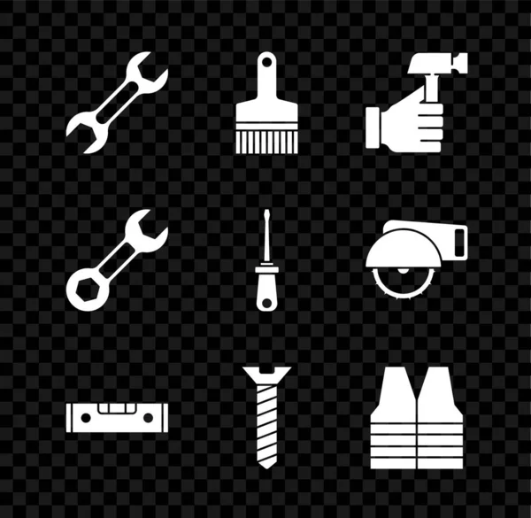Set Schraubenschlüssel, Pinsel, Hammer, Baublasenwaage, Metallschraube, Warnweste und Schraubenzieher-Symbol. Vektor — Stockvektor