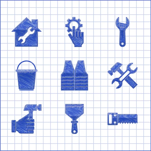 Set gilet di sicurezza, coltello di pasta, sega a mano, chiave a martello, secchio, icona regolabile e riparazione della casa. Vettore — Vettoriale Stock