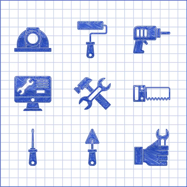 Set Martillo y llave inglesa, llana, llave inglesa, sierra de mano, destornillador, servicio de monitor de computadora, máquina perforadora eléctrica e icono del casco de seguridad del trabajador. Vector — Archivo Imágenes Vectoriales