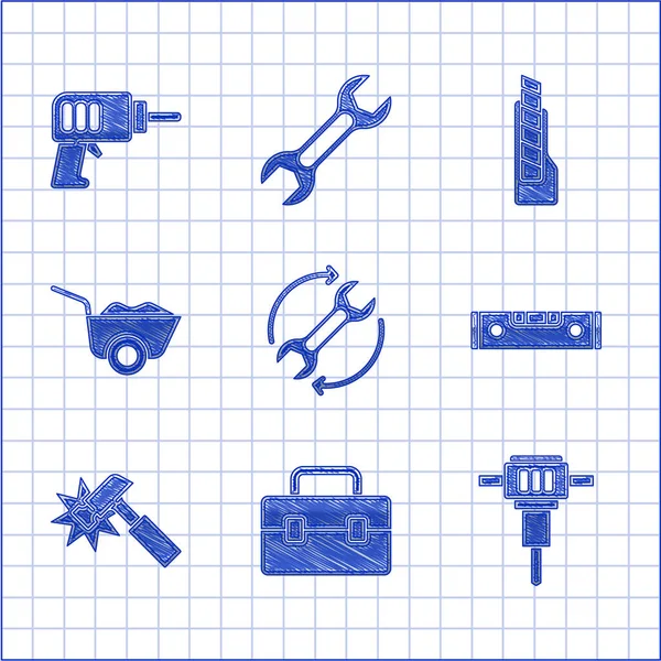 Establecer llave y flechas como flujo de trabajo, caja de herramientas, martillo neumático de construcción, nivel de burbuja, martillo, carretilla, cuchillo de papelería y el icono de la máquina de perforación eléctrica. Vector — Vector de stock