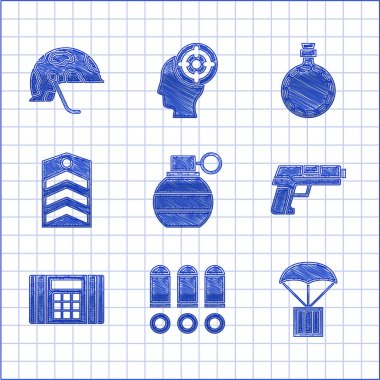 El bombası, kurşun, hava indirme kutusu, tabanca ya da silah, dinamit bombası, Chevron, kantin su şişesi ve askeri miğfer ikonu. Vektör