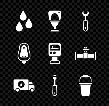 Su damlası, klozet anahtarı, boru anahtarı, tornavida, tornavida, kova, pisuar ve basınçlı su sayacı ikonu. Vektör