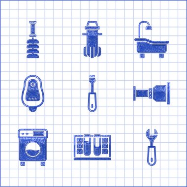 Tornavidayı ayarla, su damlasıyla test tüpü, İngiliz anahtarı, boru adaptörü, çamaşır makinesi, tuvalet sidiği, banyo küveti ve fırça ikonu. Vektör