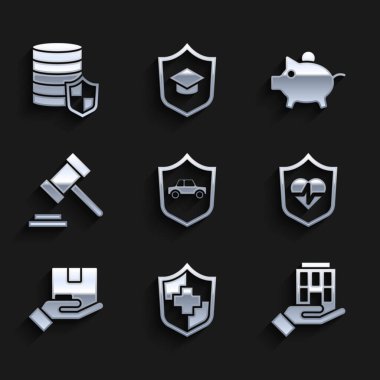 Rozetli araba, hayat sigortası, ev işi, teslimat, yargıç tokmağı, domuz kumbarası ve para ikonu. Vektör