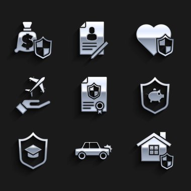 Rozet, Araba, Ev, domuz kumbarası, mezuniyet şapkası, uçak, hayat sigortası ve para ikonu. Vektör