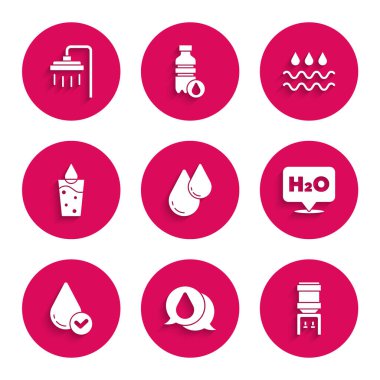 Su damlası, soğutucu, H2O 'nun kimyasal formülü su, dalga ve duş ikonu. Vektör