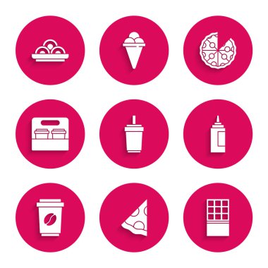 Saman, dilim pizza, çikolata, sos şişesi, paket kahve fincanı, pizza ve kase ikonunda Asya eriştesi. Vektör