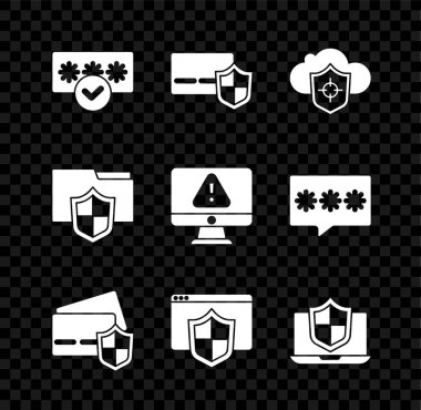 Parola koruması, Kalkanlı Kredi kartı, Bulut ve, Tarayıcı, Laptop korumalı, Belge dizini ve Monitör ünlem simgesini ayarlayın. Vektör