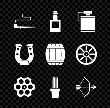 Tüttürme piposu, tekila şişesi, kantin suyu, Revolver silindiri, kaktüs peyote tenceresi, ok ve yay kılıfı, at nalı ve barut fıçısı ikonu. Vektör