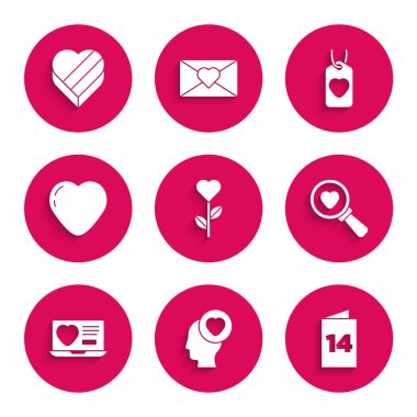 Çiçek şeklinde kalp şekli, kalpli kafa, tebrik kartı, arama ve aşk, online randevu uygulaması, etiket ve kutu simgesi şeklinde şeker. Vektör