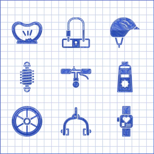 Set Bicycle handlebar, brake calipers, Smart watch, Sunscreen cream in tube, wheel, suspension, helmet and punctured tire icon. Vector — Stock Vector