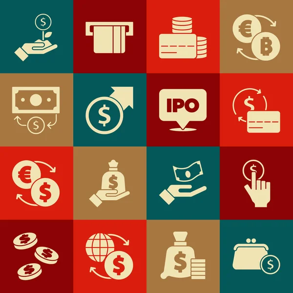Set Monedero con monedas, Hand holding, Tarjeta de crédito, Dólar de crecimiento financiero, Stacks papel moneda en efectivo, Dollar plant y IPO icono. Vector — Vector de stock