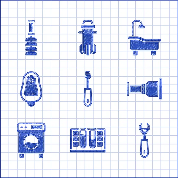 Set destornillador, tubo de ensayo con gota de agua, llave inglesa, adaptador de tubería, lavadora, inodoro urinario o pissoir, bañera e icono de cepillo. Vector — Vector de stock