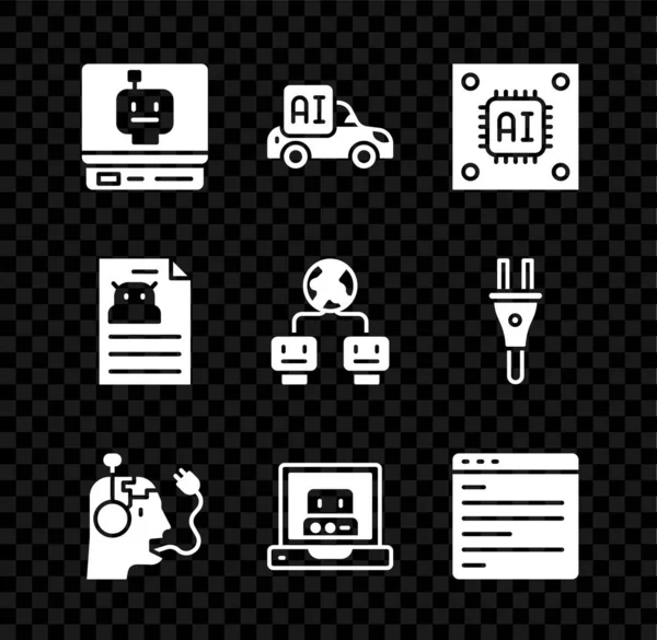 Conjunto de robô, carro inteligente autônomo, processador com microcircuitos CPU, bateria de carregamento, robô de criação, interface api computador, especificação técnica e ícone de inteligência artificial. Vetor —  Vetores de Stock